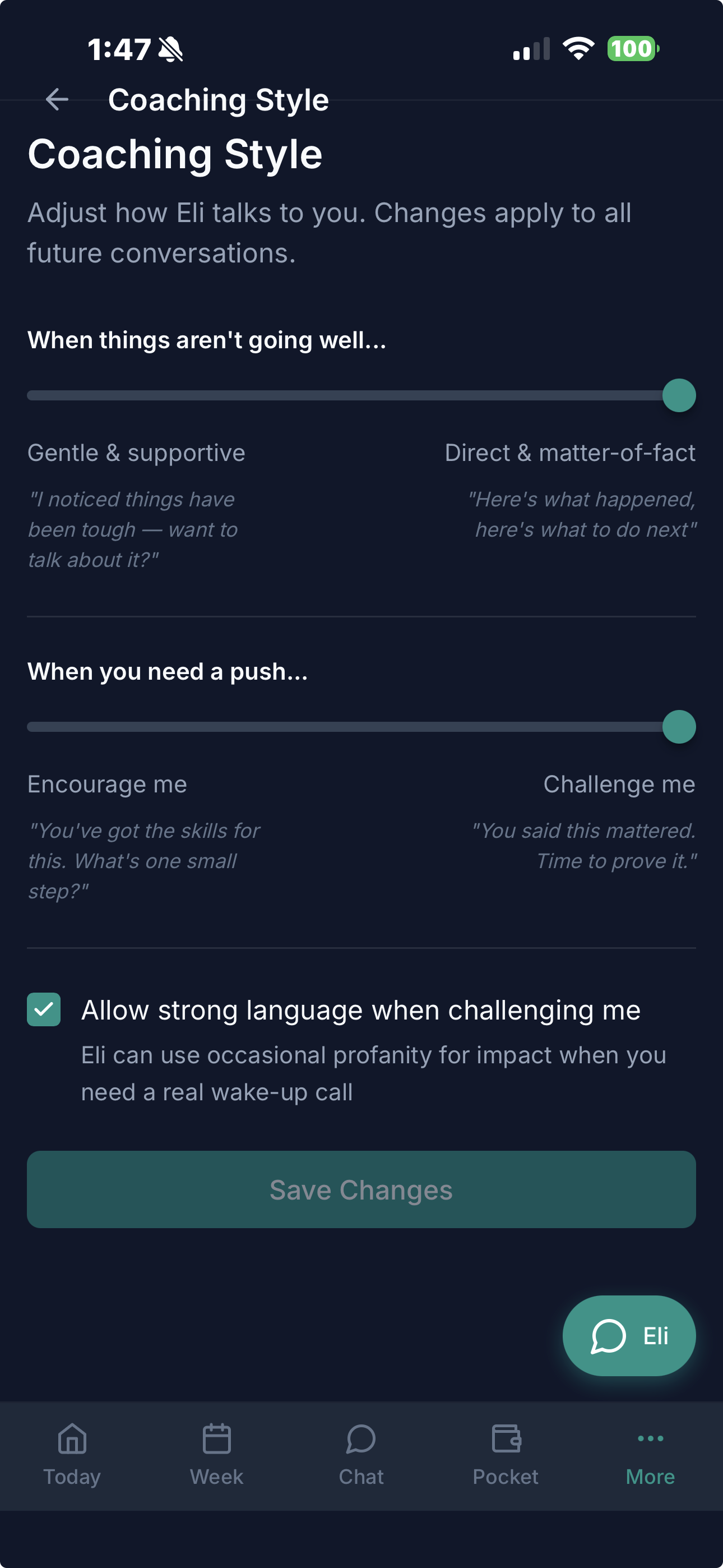Eli coaching style — personality sliders to adjust how Eli coaches you
