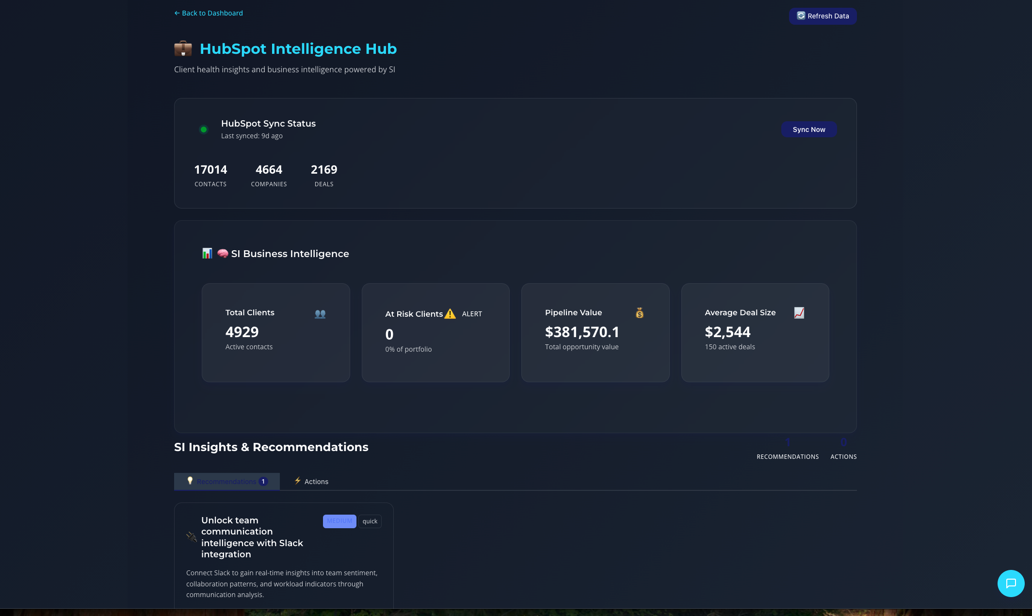 SI Operations Manager — business intelligence dashboard showing client metrics, pipeline value, and AI-powered recommendations